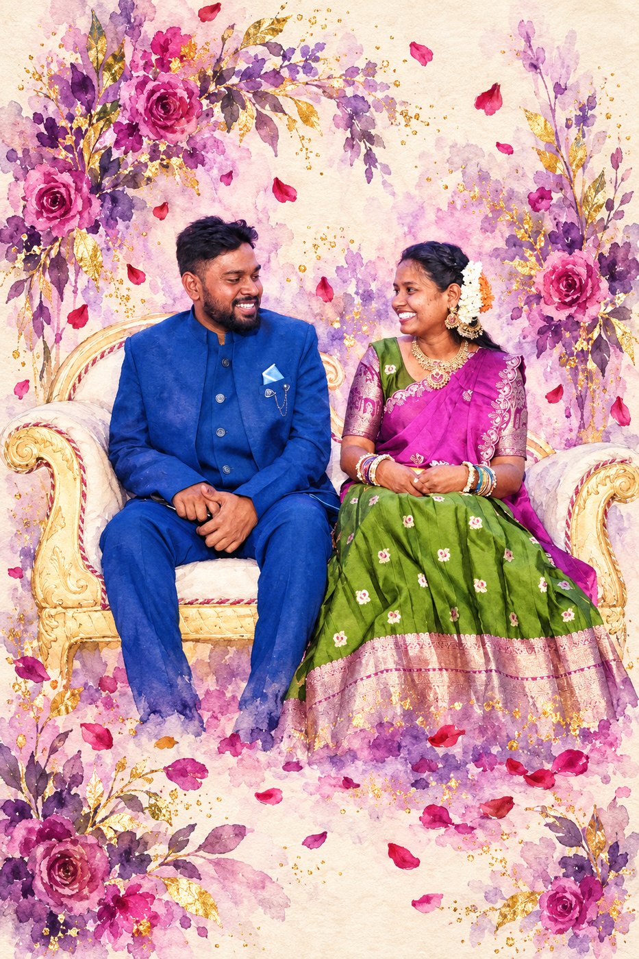 The couple seated together at their engagement, painted in watercolour