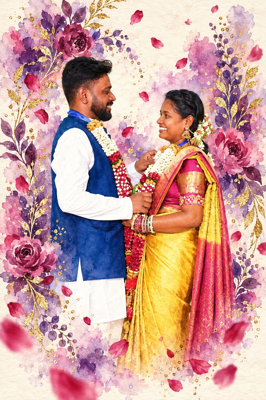 The couple exchanging garlands, painted in watercolour