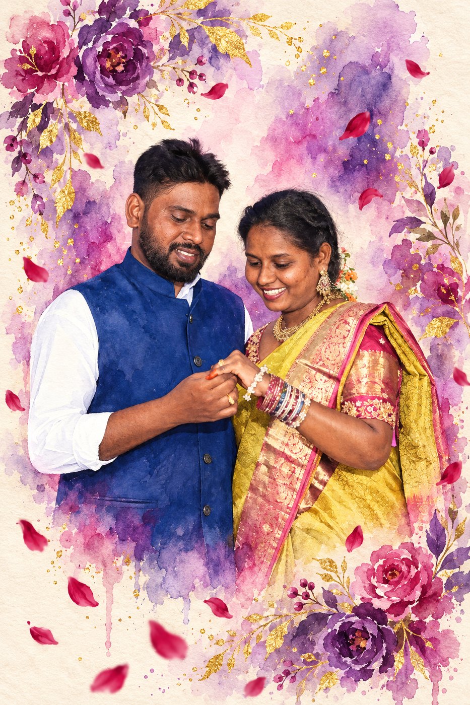The couple exchanging rings, painted in watercolour