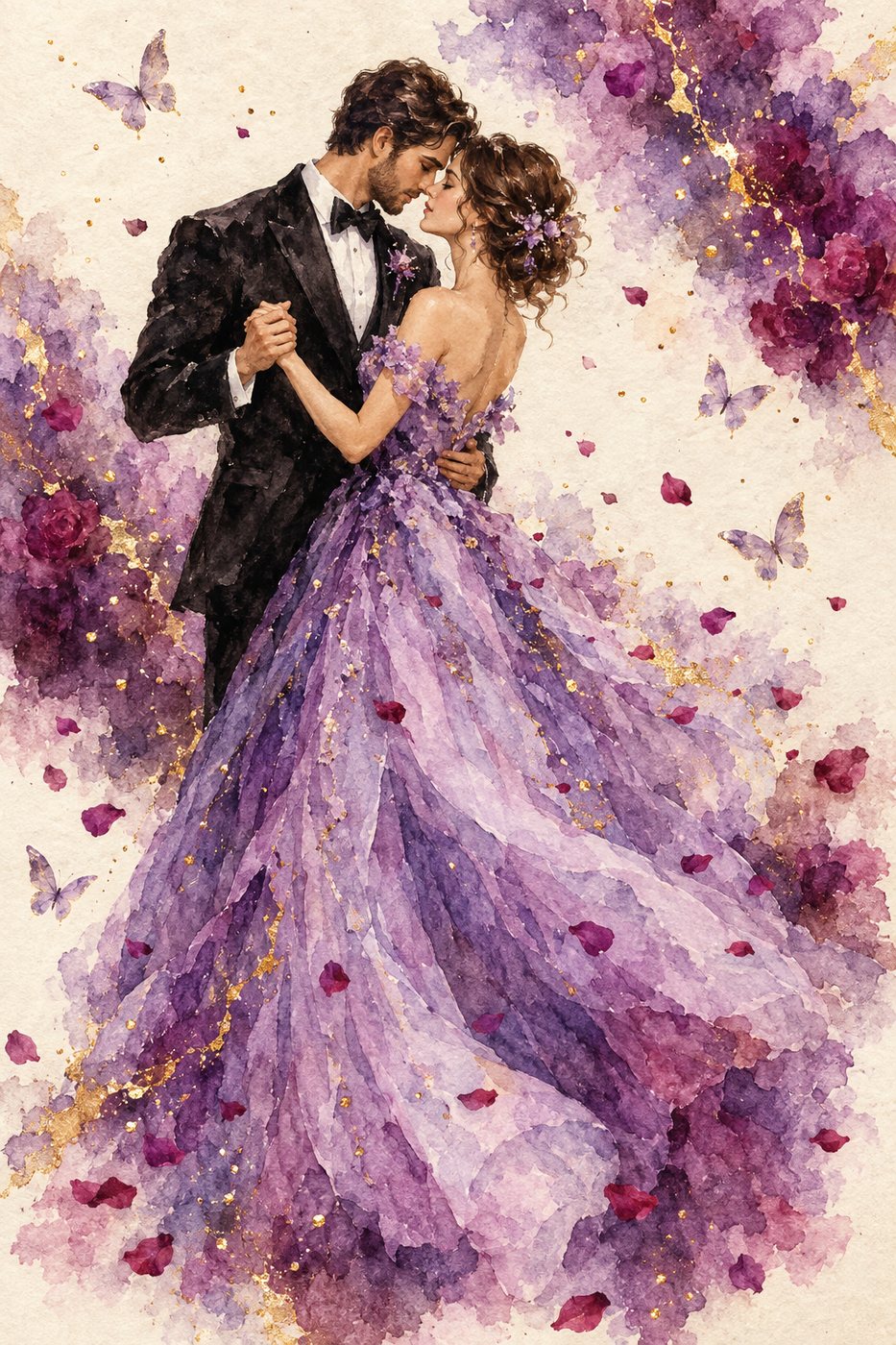 Watercolour illustration of Bhargavi Das and Ravinder dancing together